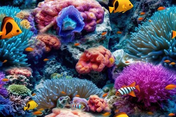 Fototapeta na wymiar Tropical Aquarium with Fish, Coral. Anemones Seamless Texture Pattern Tiled Repeatable Tessellation Background Image
