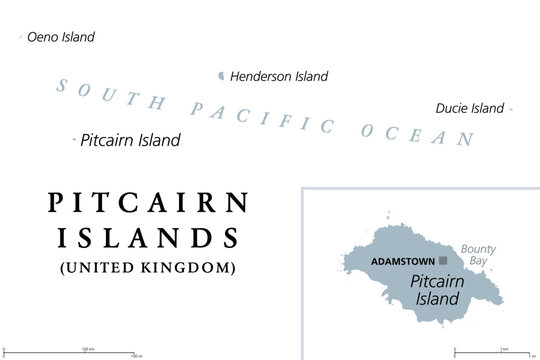 Pitcairn Islands, British Overseas Territory, gray political map. Pitcairn, Henderson, Ducie and Oeno Islands. South Pacific volcanic island group. Mutiny on the Bounty took place on Pitcairn Island.