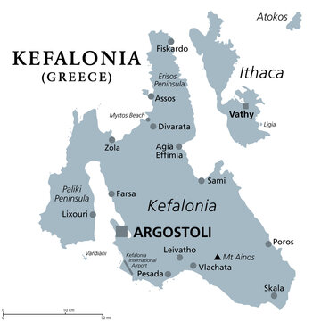 Kefalonia, Greek island, gray political map. Also known as Cephalonia, Kefallinia or Kephallenia. The largest Ionian Island, located in western Greece and in the Ionian Sea, with capital Argostoli.