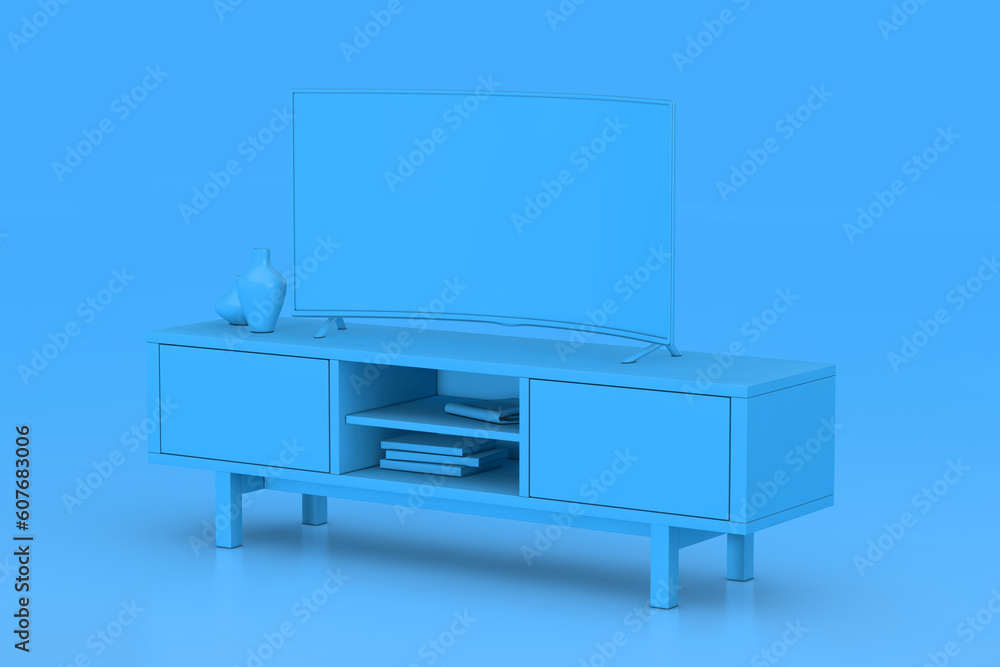 Aufkleber monochrome modern blue curved led or lcd smart tv screen mockup above blue console rack. 3d renderin