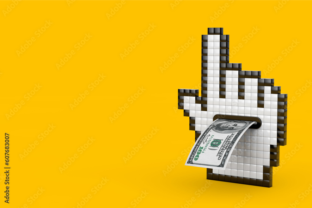 Poster pixel hand cursor icon with one hundred dollars banknote. 3d rendering