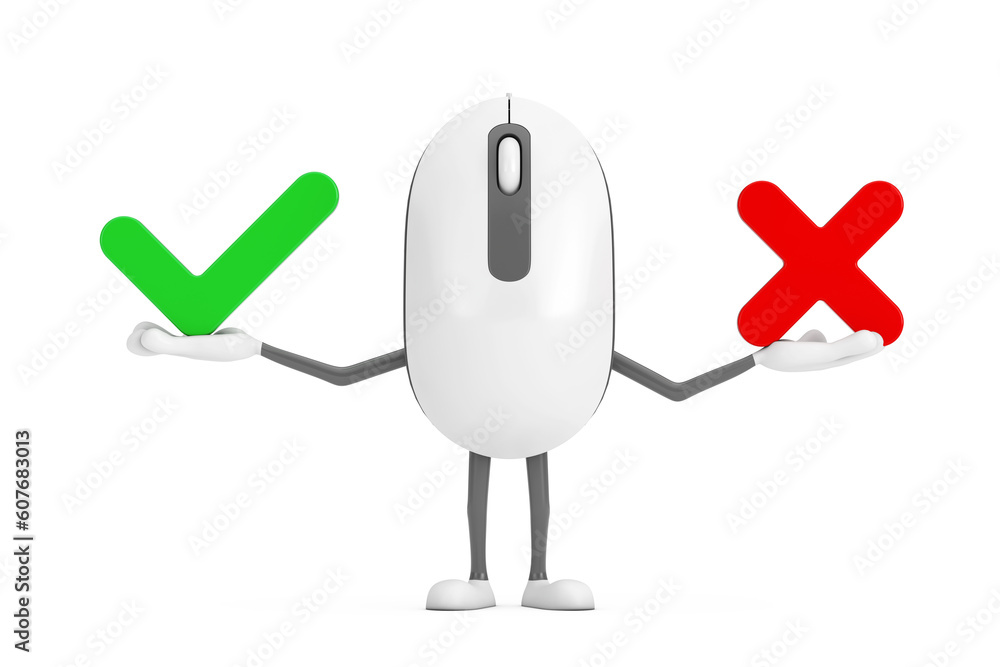Fototapete computer mouse cartoon person character mascot with red cross and green check mark, confirm or deny,