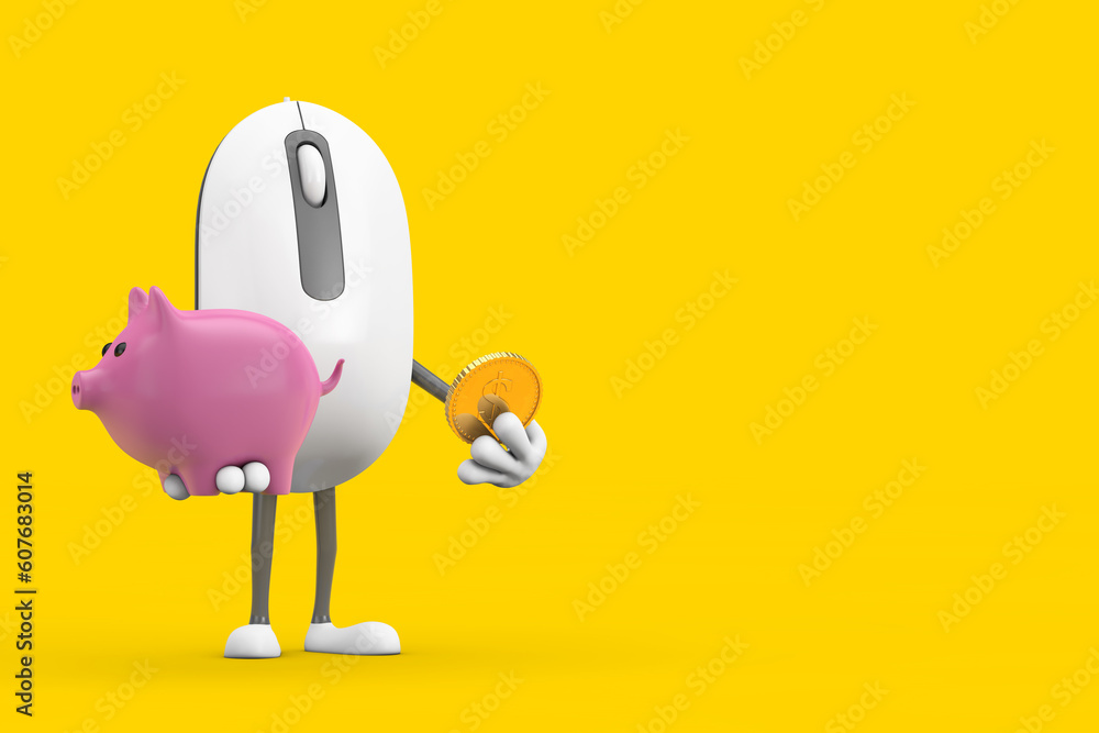 Aufkleber computer mouse cartoon person character mascot with piggy bank and golden dollar coin. 3d rendering