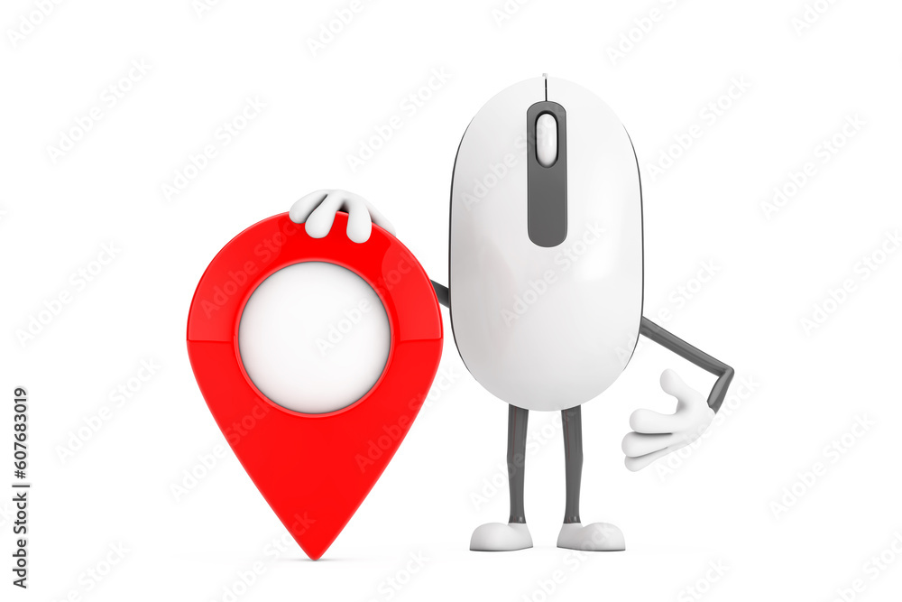 Aufkleber computer mouse cartoon person character mascot with red target map pointer pin. 3d rendering