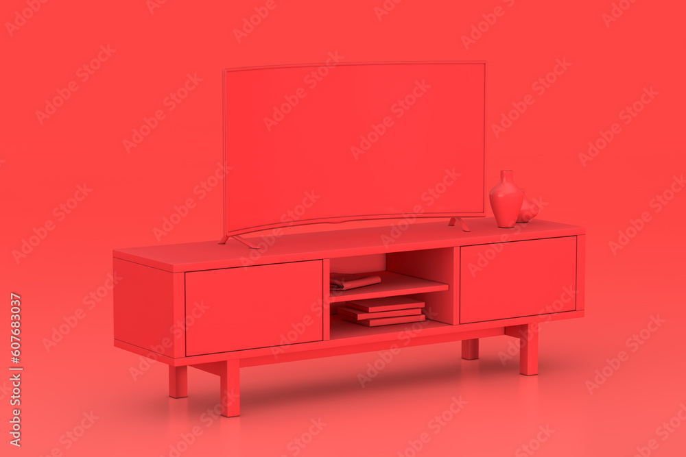 Aufkleber Monochrome Modern Red Curved Led or LCD Smart TV Screen Mockup above Red Console Rack. 3d Rendering