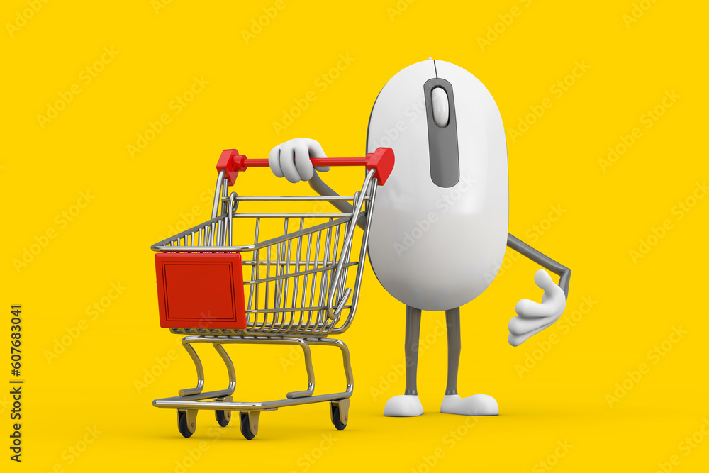 Poster computer mouse cartoon person character mascot with shopping cart trolley. 3d rendering