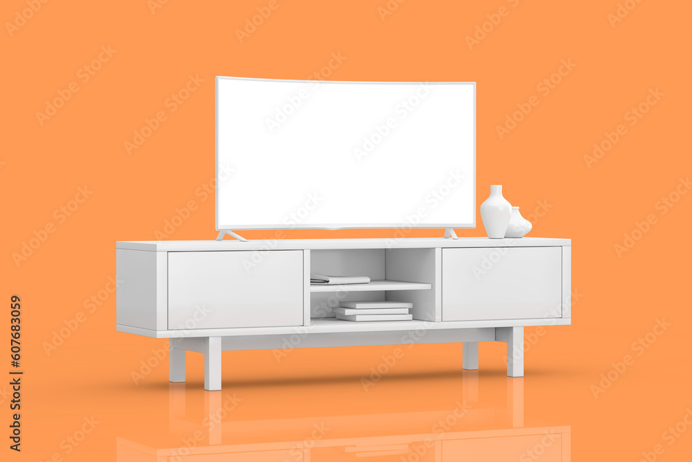 Poster White Modern Curved Led or LCD Smart TV Screen Mockup above White Console Rack in Clay Style. 3d Rendering