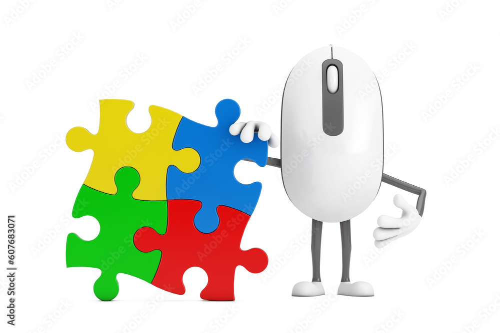 Poster computer mouse cartoon person character mascot with four pieces of colorful jigsaw puzzle. 3d render