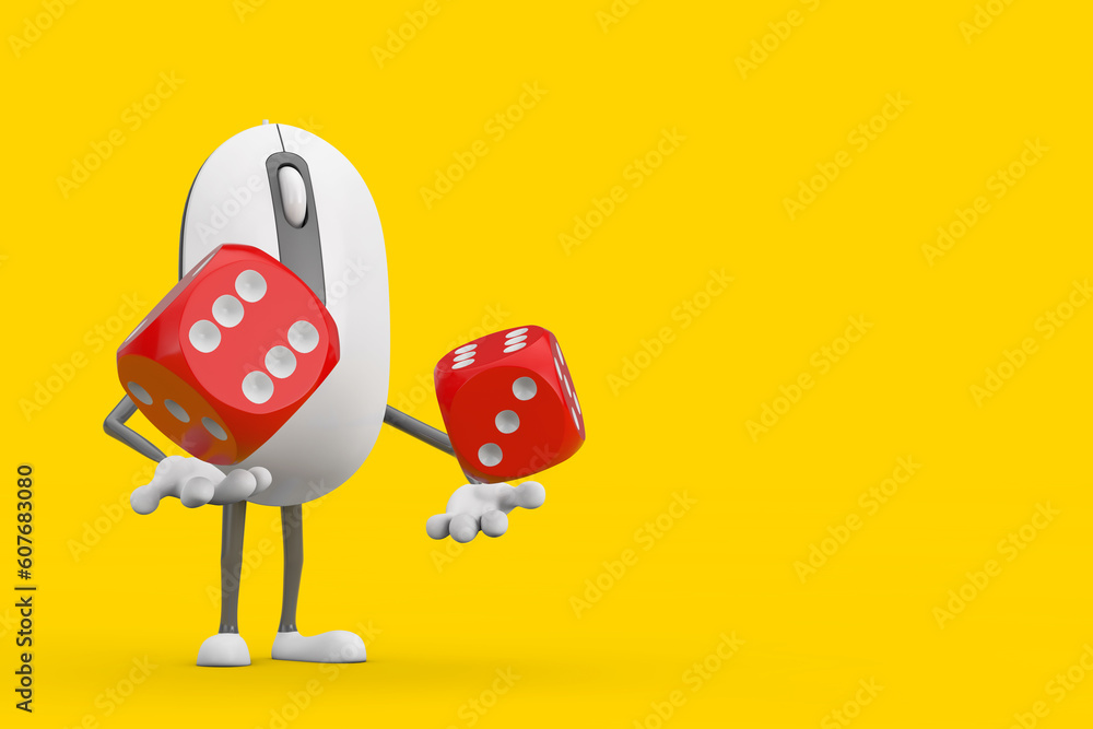 Poster computer mouse cartoon person character mascot with red game dice cubes in flight. 3d rendering