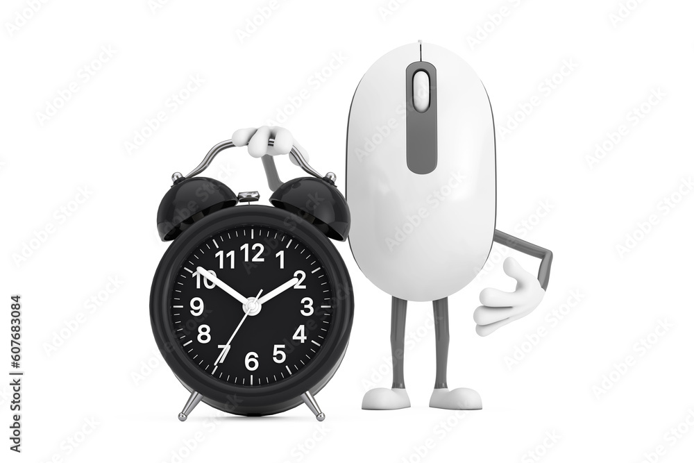 Fototapete computer mouse cartoon person character mascot with alarm clock. 3d rendering