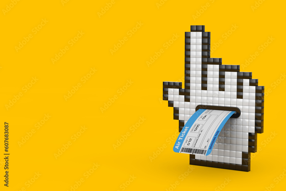 Poster pixel hand cursor icon with airline boarding pass ticket. 3d rendering