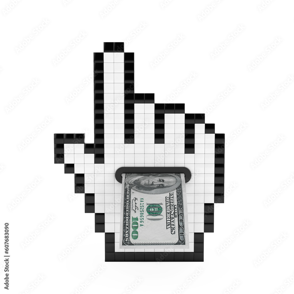 Poster pixel hand cursor icon with one hundred dollars banknote. 3d rendering