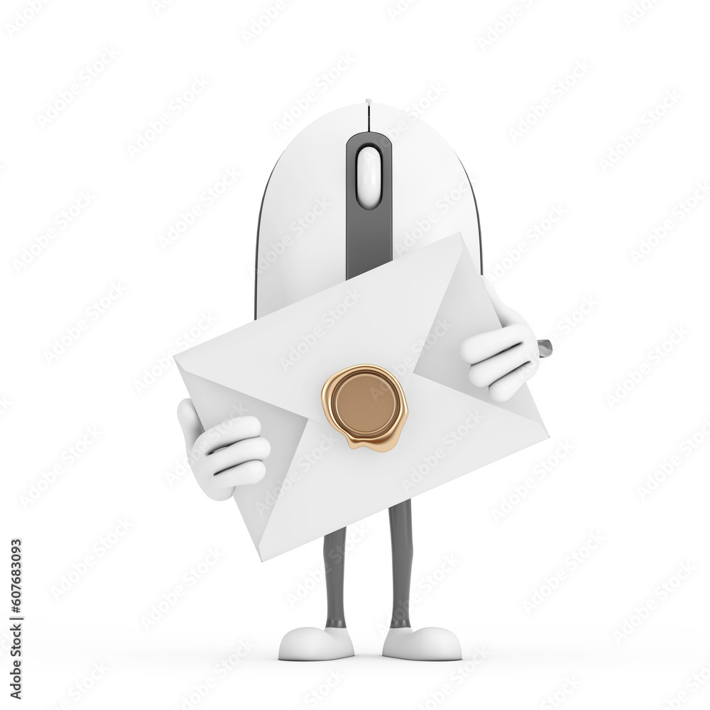 Leinwandbilder computer mouse cartoon person character mascot with white blank envelope. 3d rendering