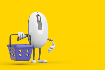 Computer Mouse Cartoon Person Character Mascot with Cartoon Shopping Basket. 3d Rendering - obrazy, fototapety, plakaty