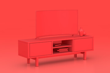 Monochrome Modern Red Curved Led or LCD Smart TV Screen Mockup above Red Console Rack. 3d Rendering