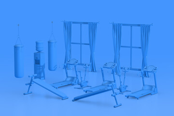 Blue Monochrome Duotone Gymnasium Room Interior with Windows, Exercise Benches, Punching Bags for Boxing Training and Treadmill Machines. 3d Rendering