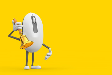 Computer Mouse Cartoon Person Character Mascot with Vintage Golden School Bell. 3d Rendering