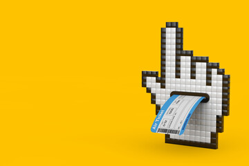 Pixel Hand Cursor Icon with Airline Boarding Pass Ticket. 3d Rendering