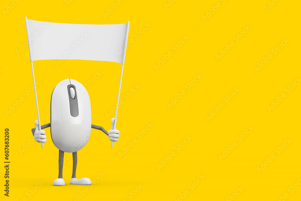 Fototapete Computer Mouse Cartoon Person Character Mascot and Empty White Blank Banner with Free Space for Your Design. 3d Rendering