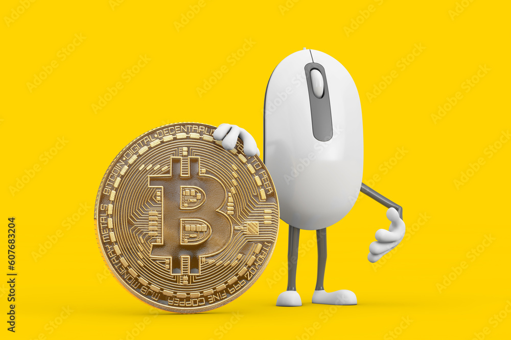 Aufkleber computer mouse cartoon person character mascot with cryptocurrency golden bitcoin coin . 3d renderin