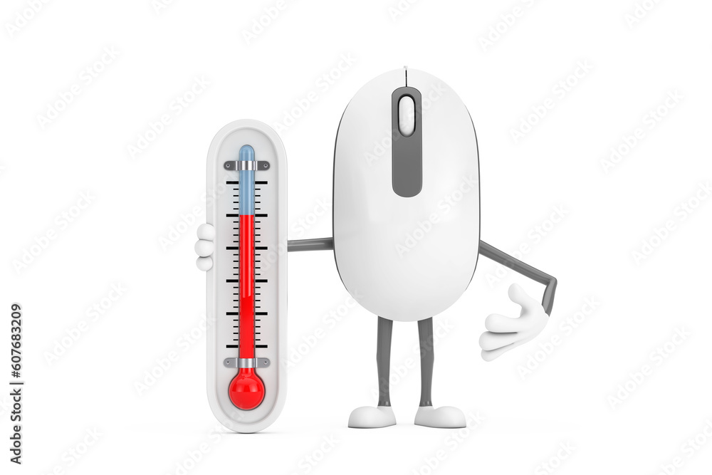 Poster computer mouse cartoon person character mascot with outdoor thermometer. 3d rendering