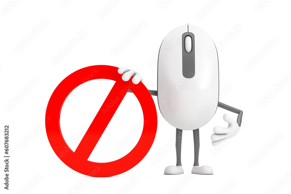 Poster computer mouse cartoon person character mascot with red prohibition or forbidden sign. 3d rendering