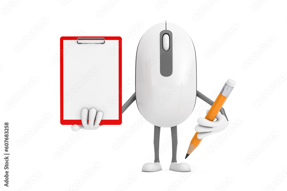 Poster computer mouse cartoon person character mascot with red plastic clipboard, paper and pencil. 3d rend