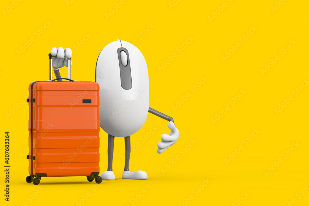 Aufkleber computer mouse cartoon person character mascot with orange travel suitcase. 3d rendering