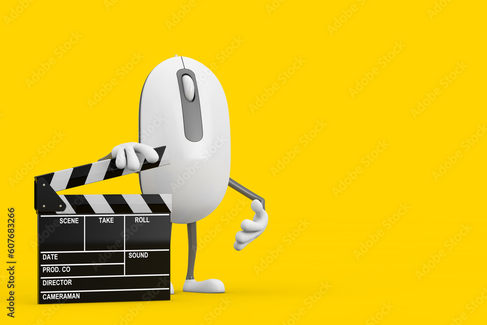 Leinwandbilder computer mouse cartoon person character mascot with movie clapper board. 3d rendering