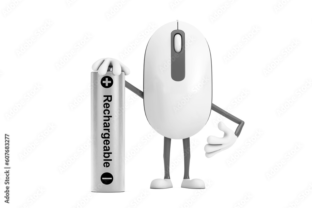 Poster computer mouse cartoon person character mascot with rechargeable battery. 3d rendering