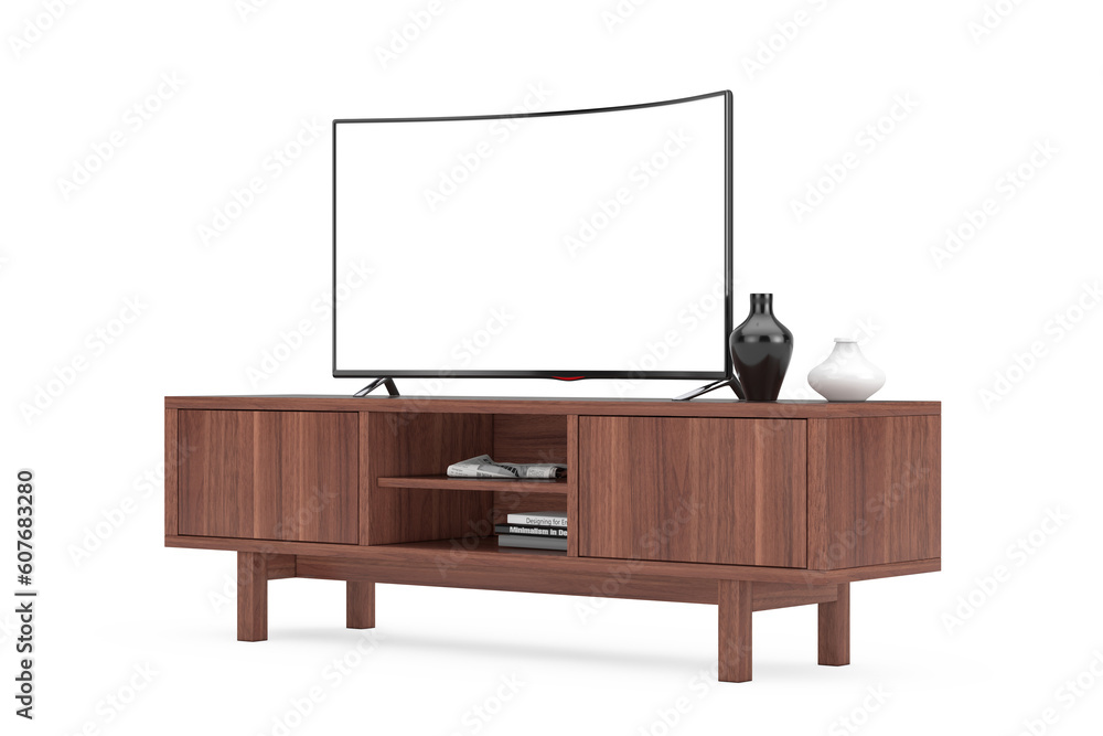 Poster modern curved led or lcd smart tv screen mockup above wooden console rack. 3d rendering