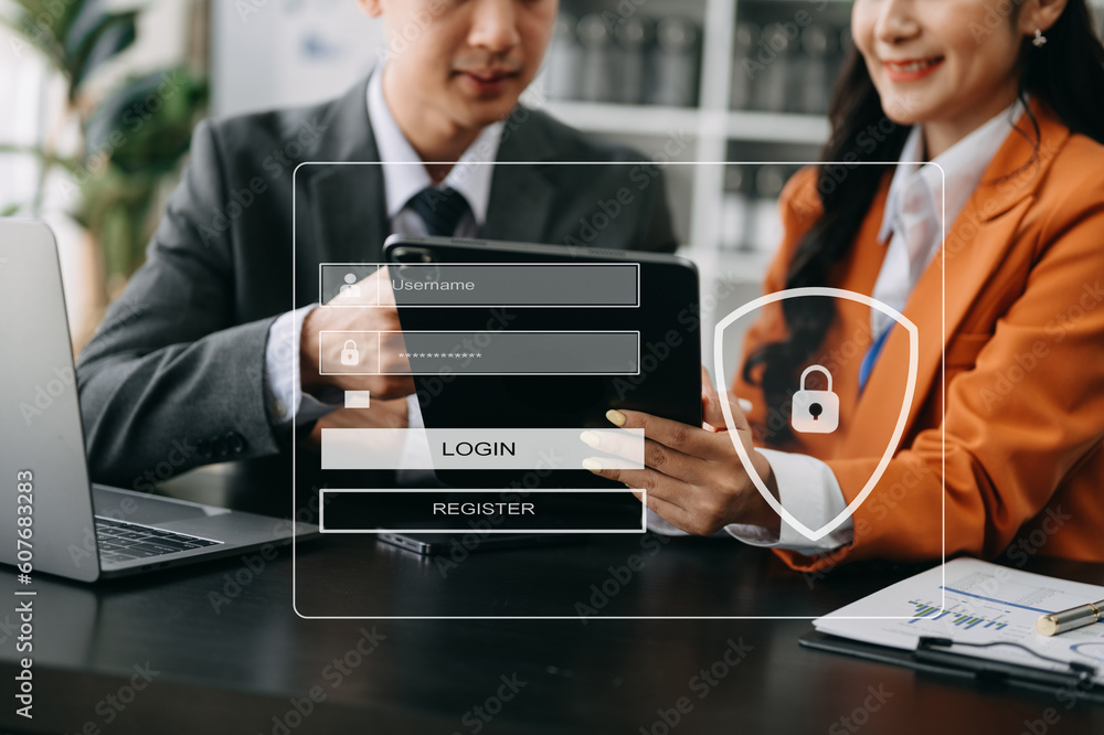 Poster cyber security concept, login, user, identification information security and encryption, secure acce