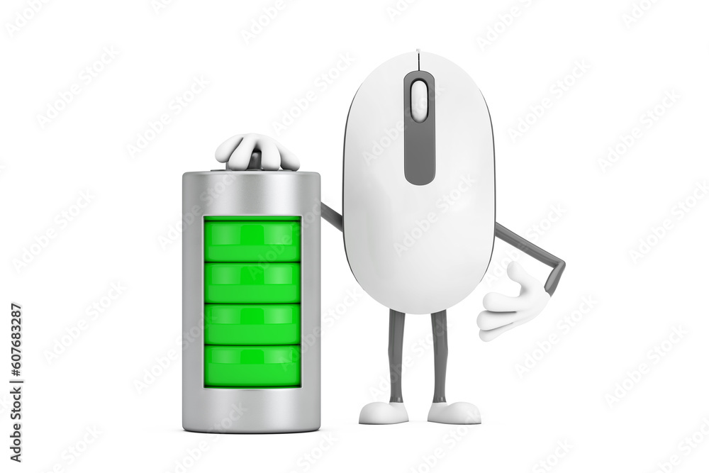 Aufkleber Computer Mouse Cartoon Person Character Mascot with Abstract Charging Battery. 3d Rendering