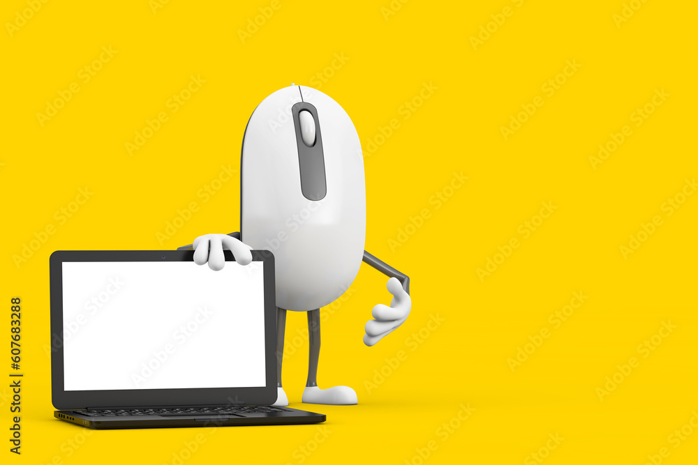 Poster computer mouse cartoon person character mascot with modern laptop computer notebook and blank screen