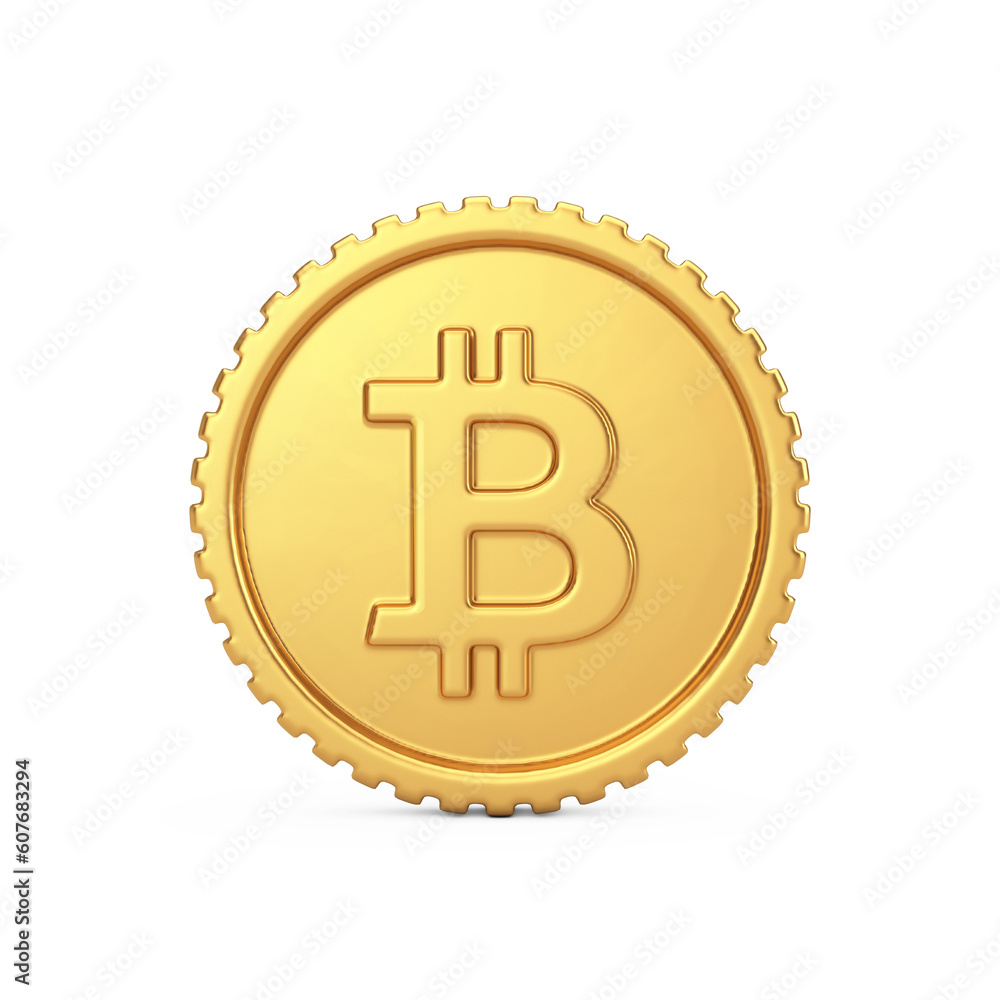 Poster simple cartoon cryptocurrency golden bitcoin coin web icon sign. 3d rendering