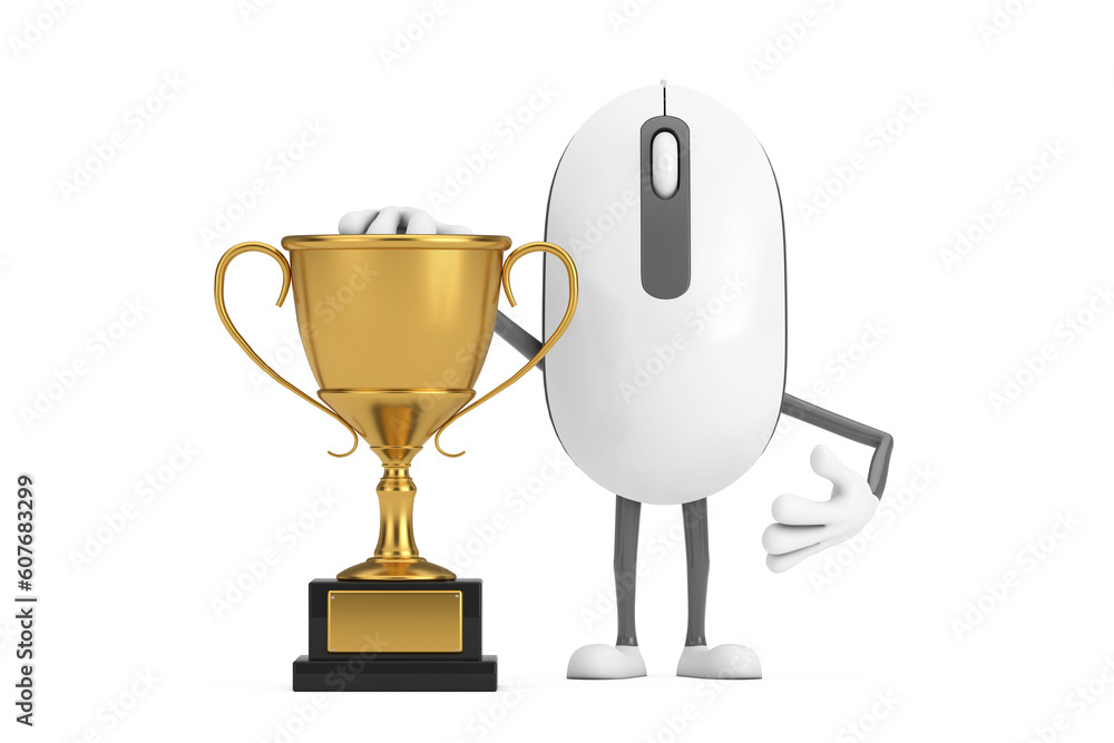 Poster computer mouse cartoon person character mascot with golden award trophy. 3d rendering