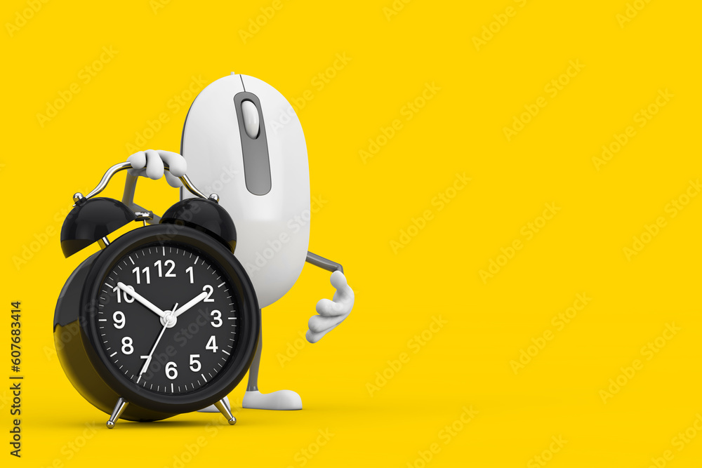 Poster computer mouse cartoon person character mascot with alarm clock. 3d rendering