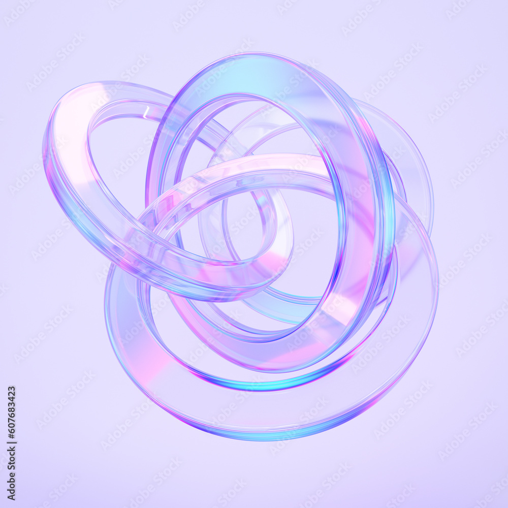 Poster glass circle shapes with colorful reflections composition. 3d rendering illustration.