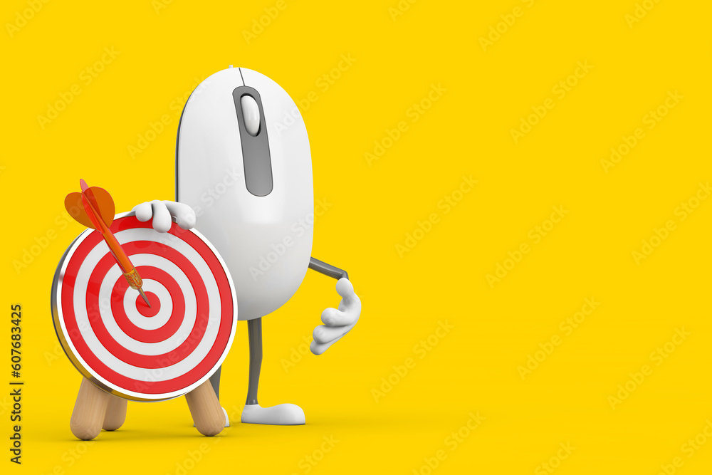 Poster computer mouse cartoon person character mascot with archery target and dart in center. 3d rendering