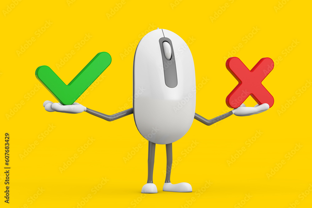Poster computer mouse cartoon person character mascot with red cross and green check mark, confirm or deny,
