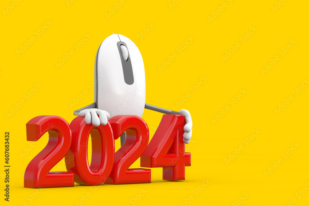 Aufkleber computer mouse cartoon person character mascot with red 2024 new year sign. 3d rendering