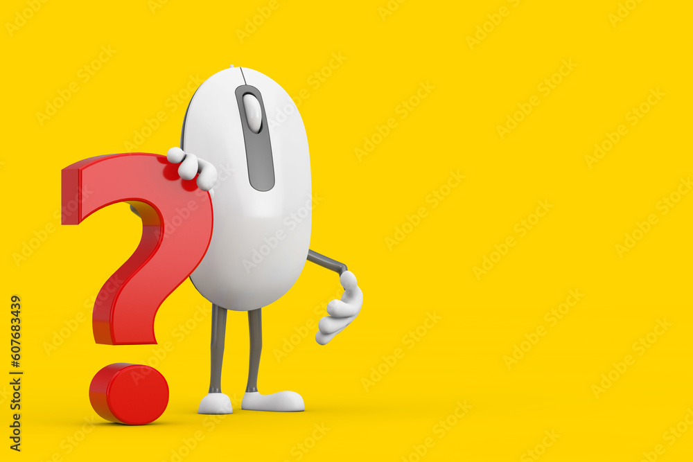 Leinwandbilder Computer Mouse Cartoon Person Character Mascot with Red Question Mark Sign. 3d Rendering