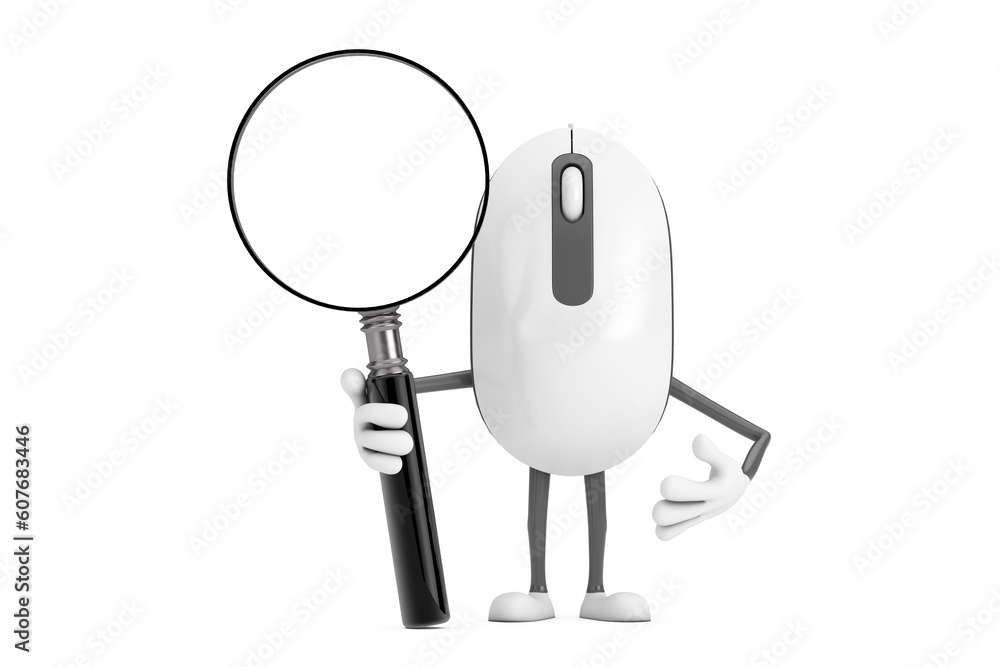 Poster computer mouse cartoon person character mascot with magnifying glass. 3d rendering