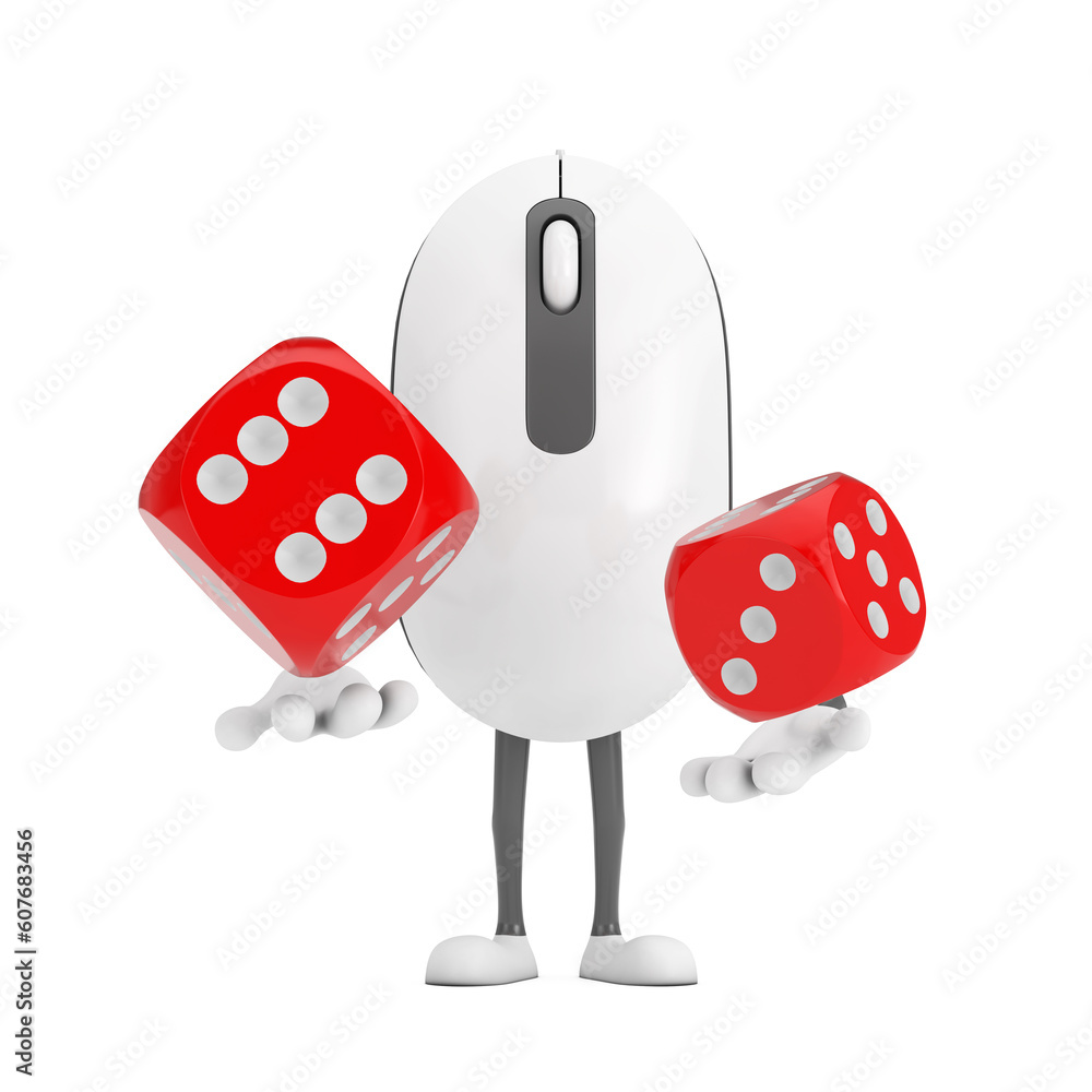 Poster Computer Mouse Cartoon Person Character Mascot with Red Game Dice Cubes in Flight. 3d Rendering