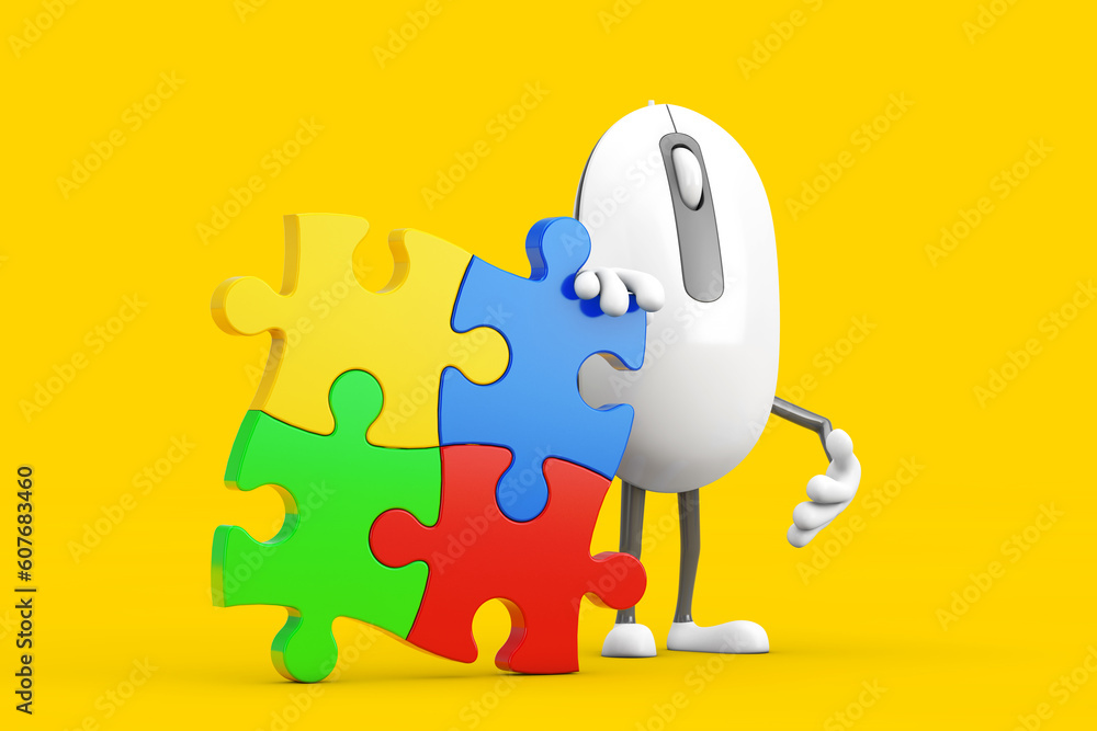 Poster computer mouse cartoon person character mascot with four pieces of colorful jigsaw puzzle. 3d render