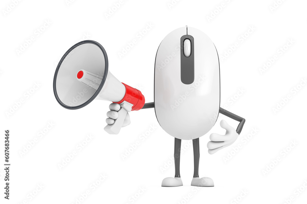 Leinwandbilder computer mouse cartoon person character mascot with red retro megaphone. 3d rendering