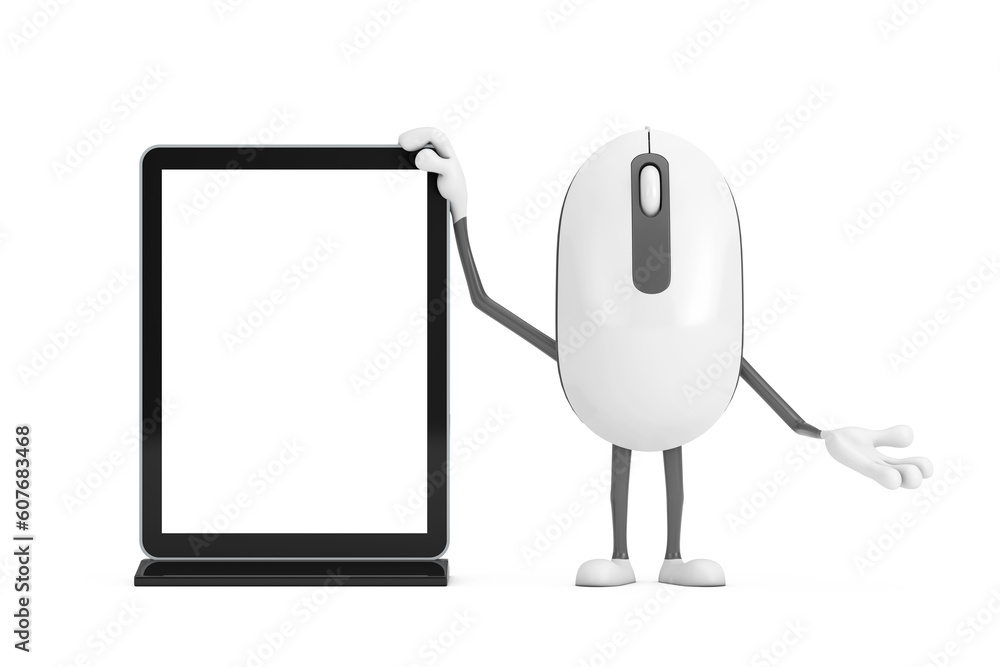 Poster Computer Mouse Cartoon Person Character Mascot with Blank Trade Show LCD Screen Display Stand as Template for Your Design. 3d Rendering