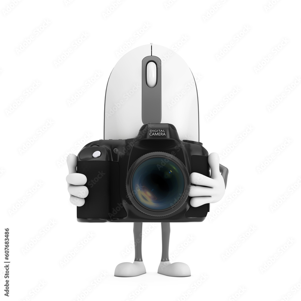 Poster computer mouse cartoon person character mascot with modern digital photo camera. 3d rendering