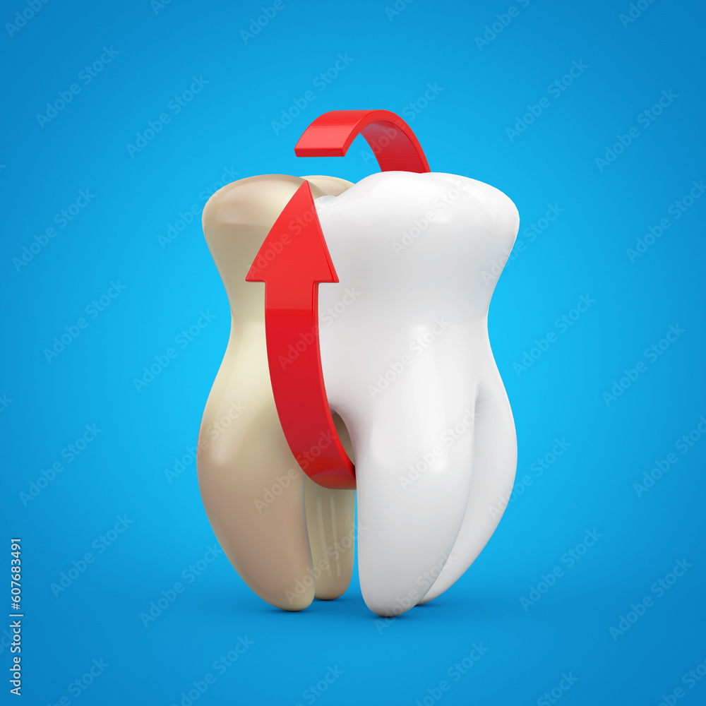 Poster teeth whitening concept. white tooth with red arrow. 3d rendering