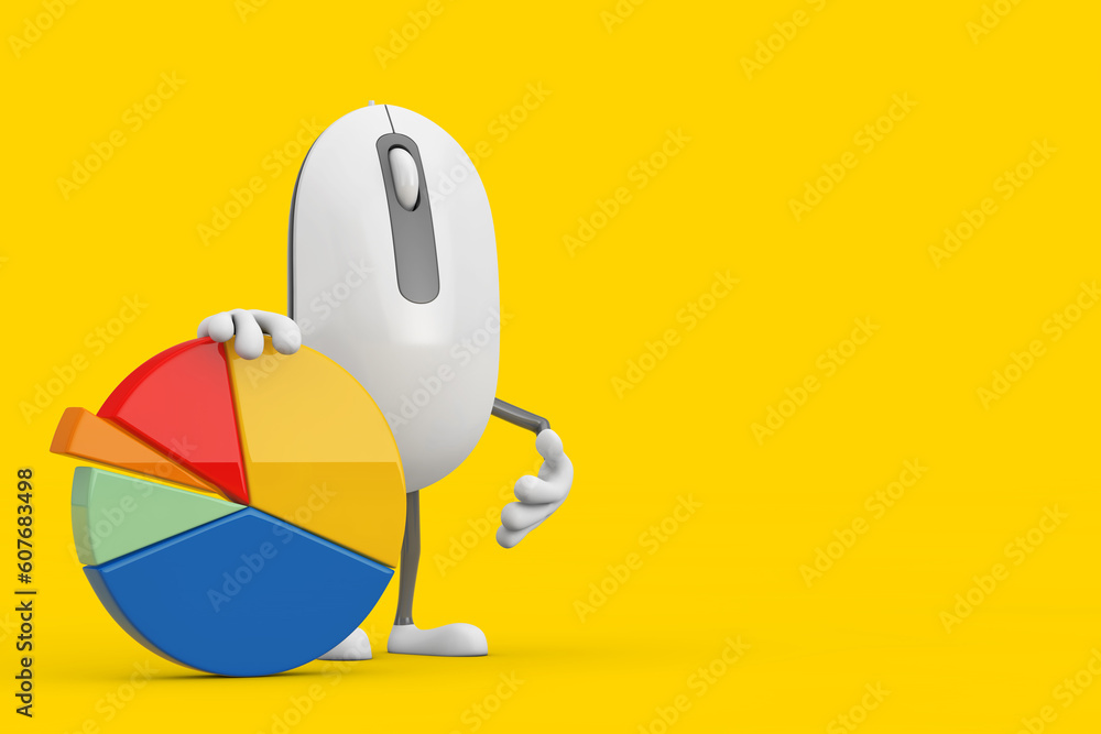 Aufkleber computer mouse cartoon person character mascot with info graphics business pie chart. 3d rendering